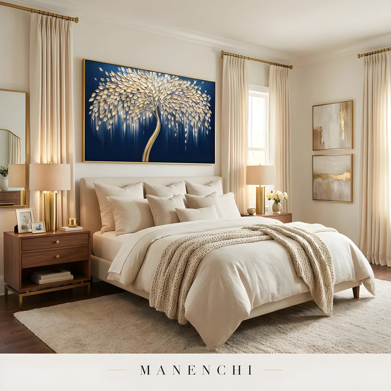 Midnight Gilded Arbor abstract painting displayed in elegant bedroom decor