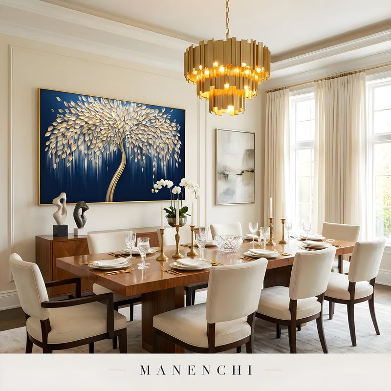 Midnight Gilded Arbor abstract painting displayed in formal dining room
