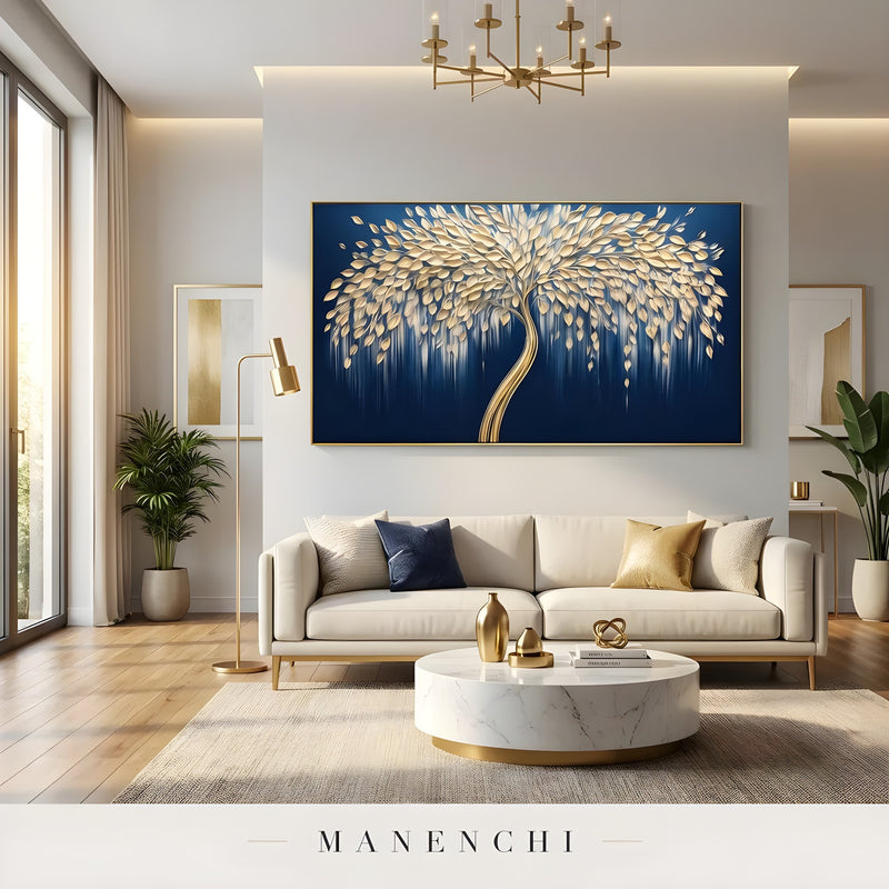 Midnight Gilded Arbor abstract painting displayed in modern living room