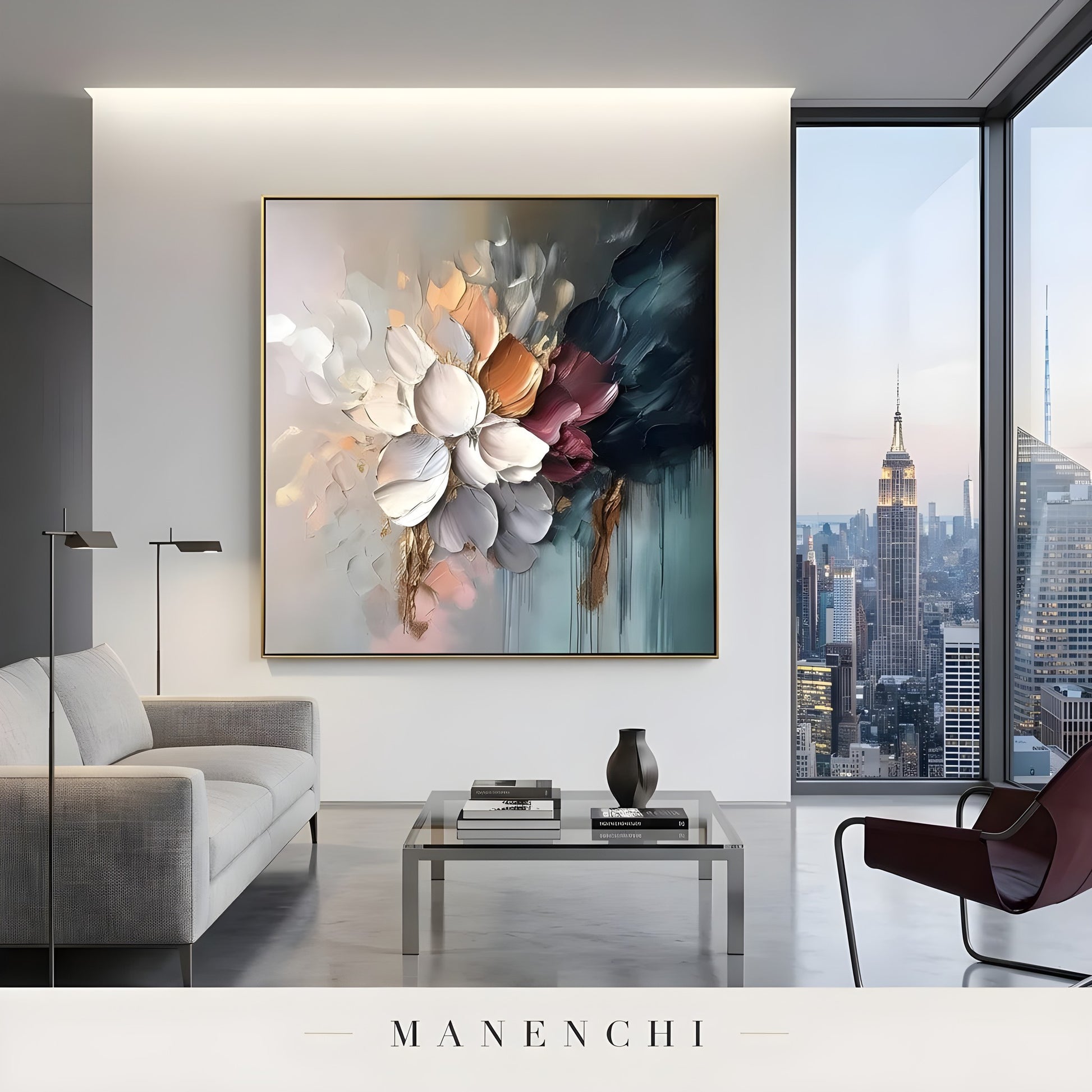 Midnight Gilded Bloom abstract painting displayed in luxury city apartment view