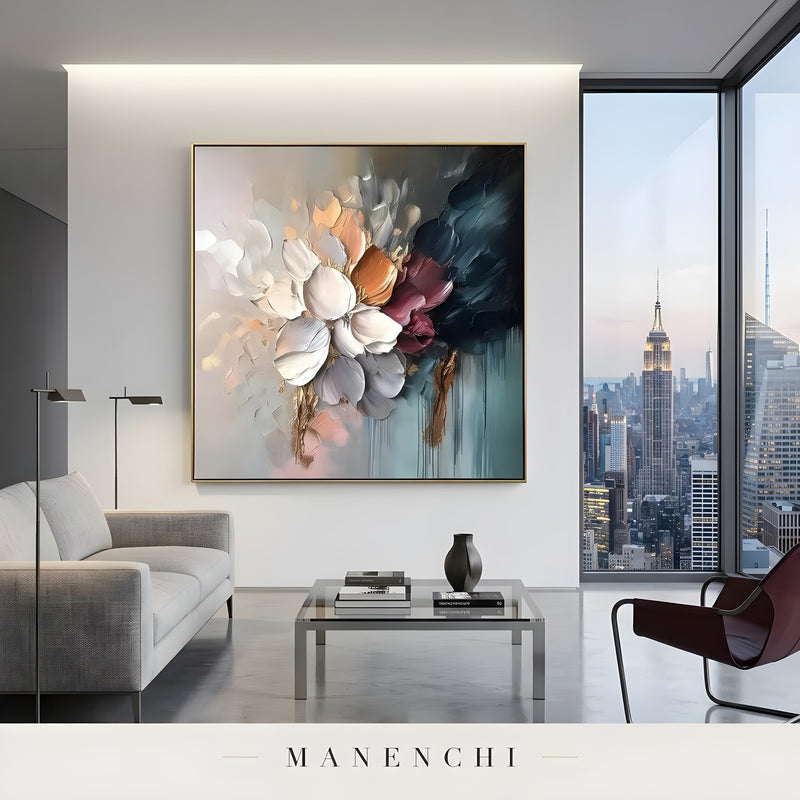 Midnight Gilded Bloom abstract painting displayed in luxury city apartment view