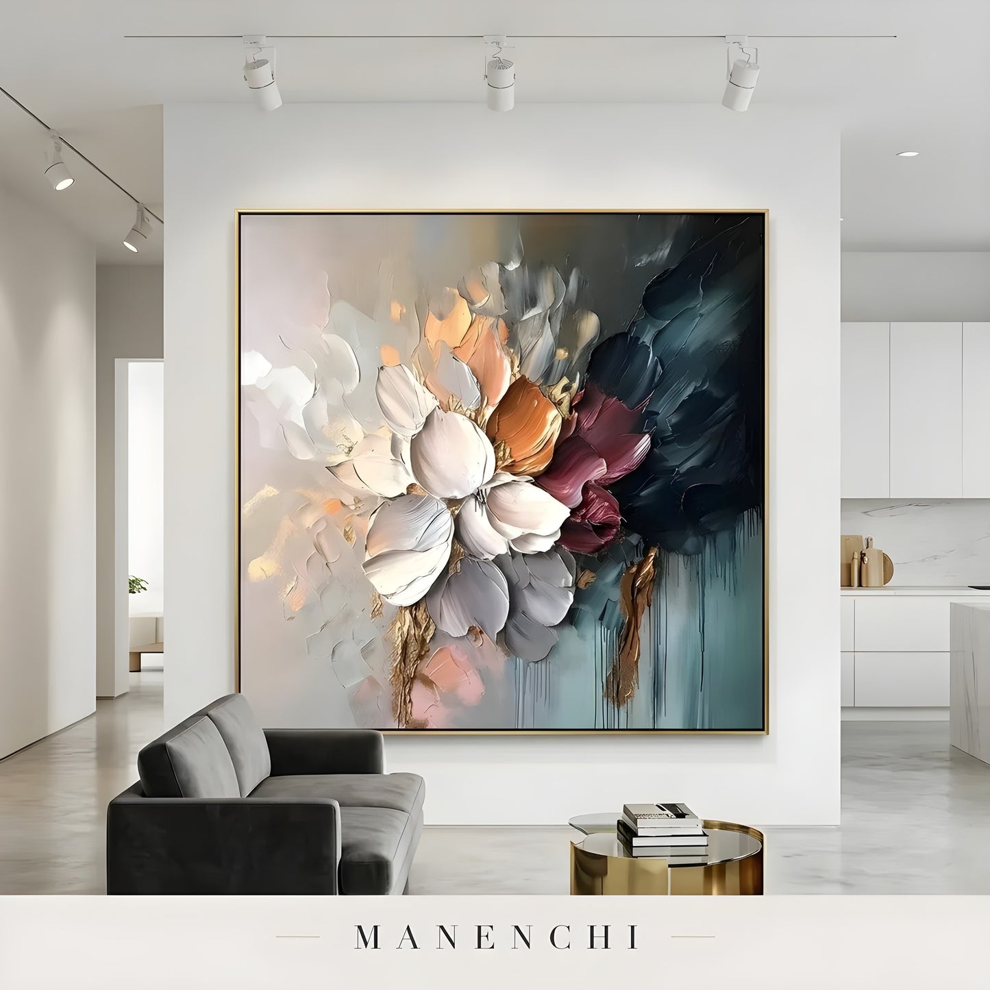 Midnight Gilded Bloom abstract painting displayed in modern gallery living room