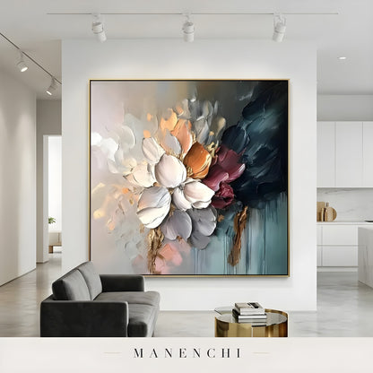 Midnight Gilded Bloom abstract painting displayed in modern gallery living room