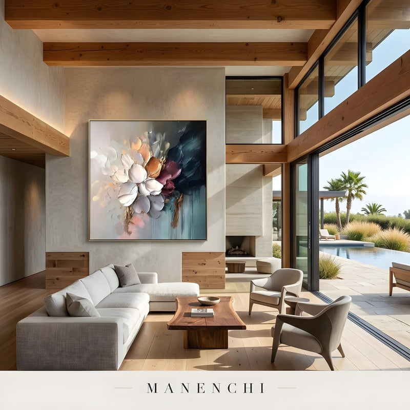 Midnight Gilded Bloom abstract painting displayed in rustic modern living room