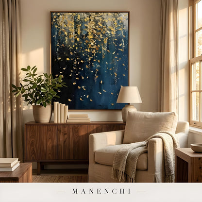 Midnight Gilded Cascade abstract painting displayed in cozy reading corner