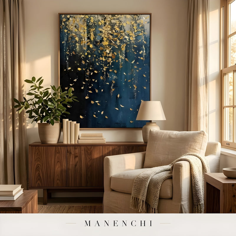 Midnight Gilded Cascade abstract painting displayed in cozy reading corner