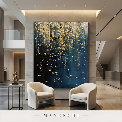Midnight Gilded Cascade abstract painting displayed in large lobby art