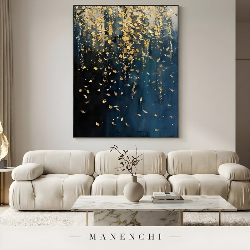 Midnight Gilded Cascade abstract painting displayed in living room sofa