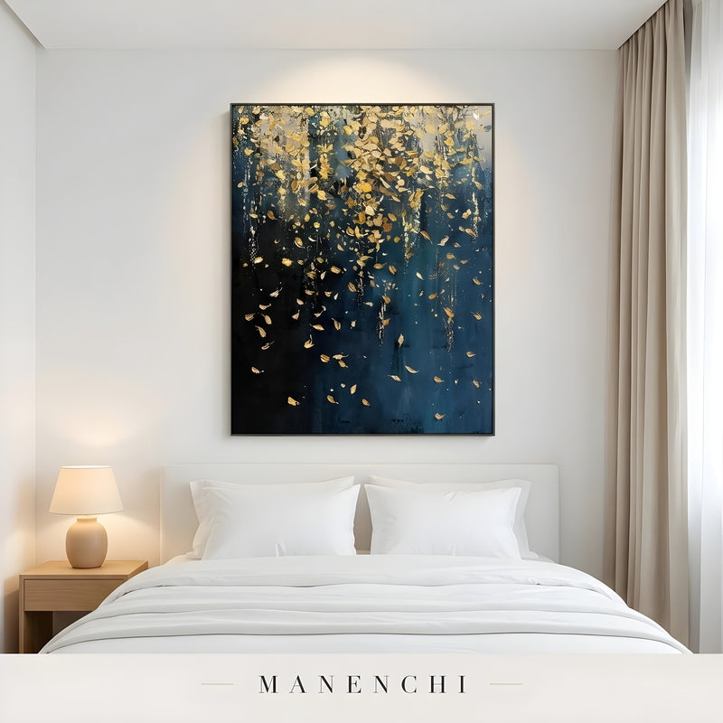 Midnight Gilded Cascade abstract painting displayed in modern bedroom interior