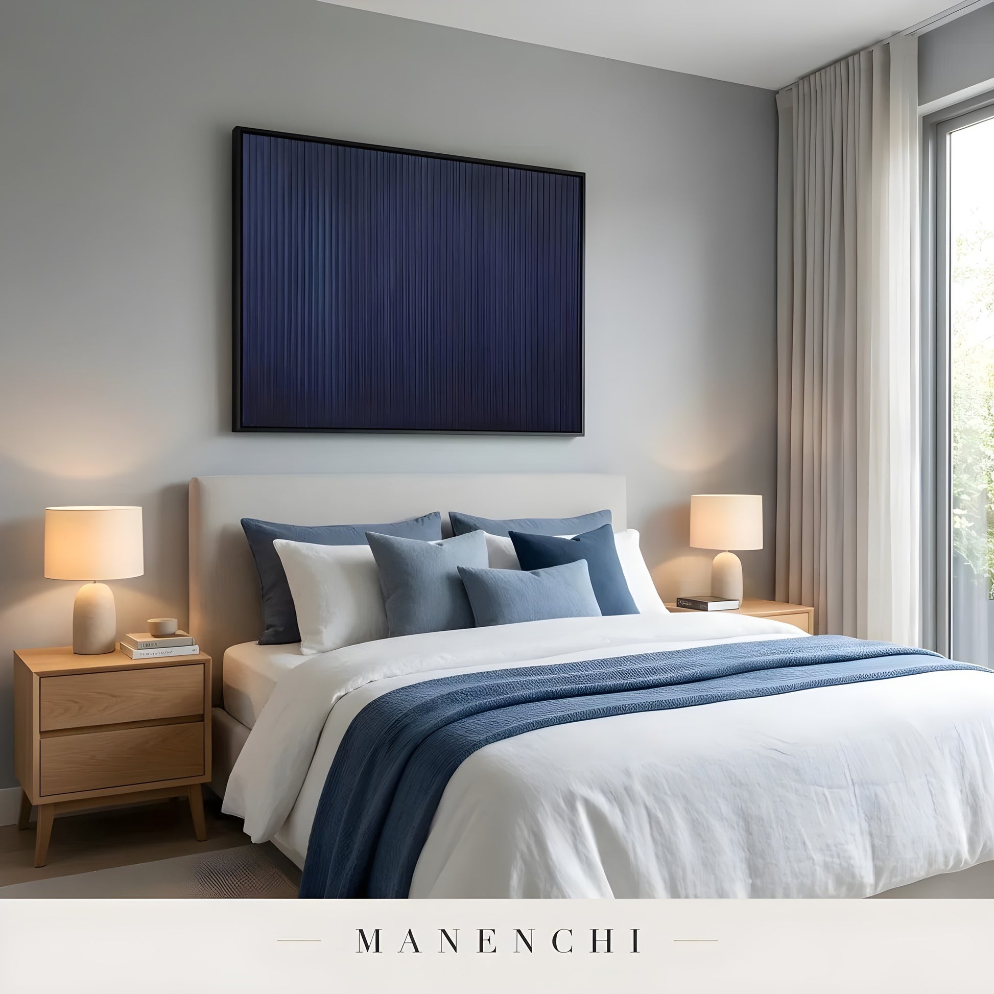 Midnight Ridge abstract painting displayed in bedroom with blue art