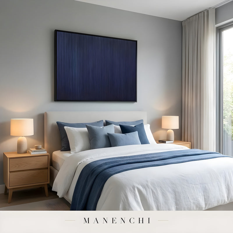 Midnight Ridge abstract painting displayed in bedroom with blue art