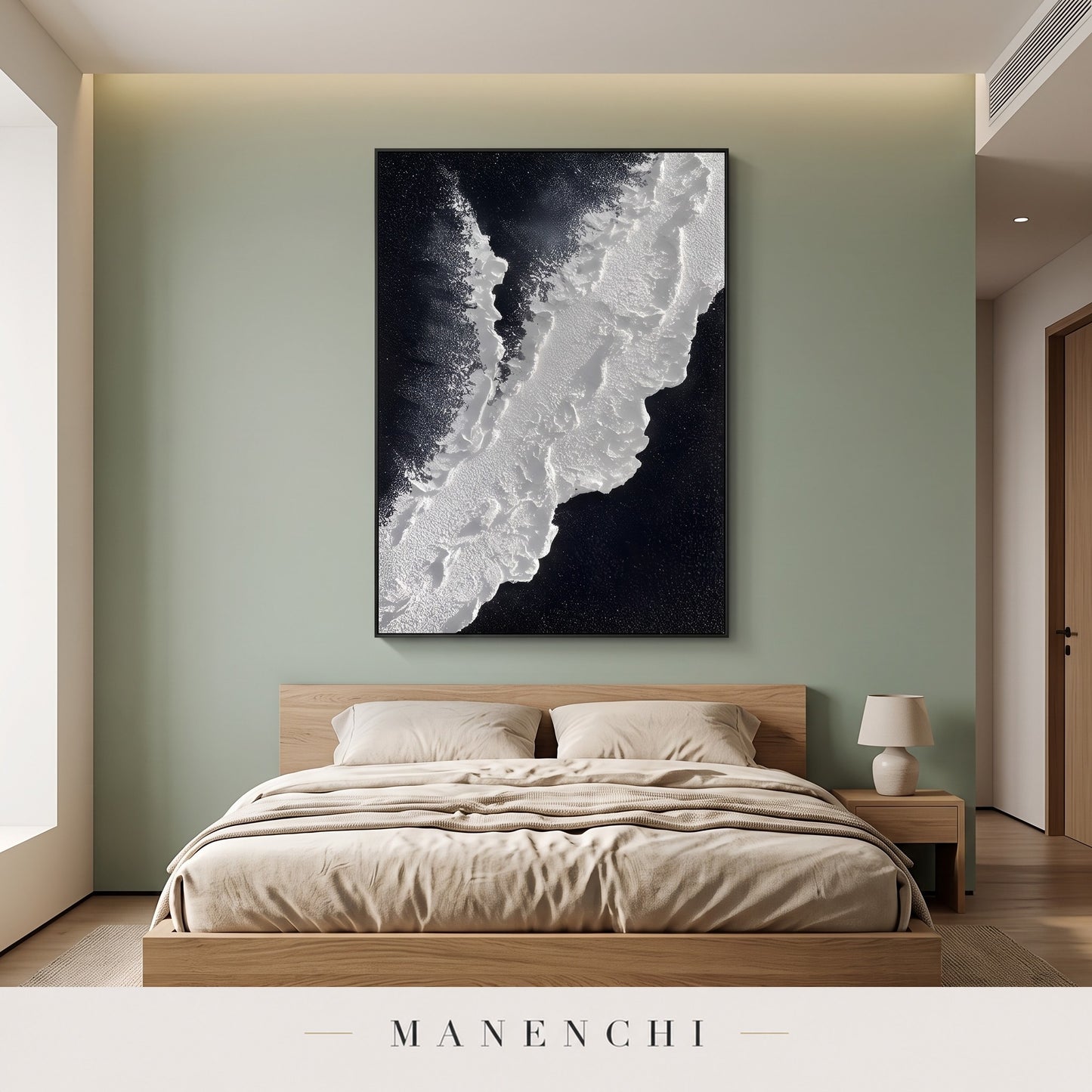 Midnight Tundra abstract painting displayed in a modern bedroom