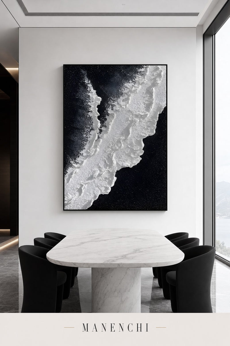 Midnight Tundra abstract painting displayed in a dining room