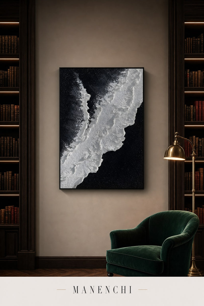 Midnight Tundra abstract painting displayed in a library