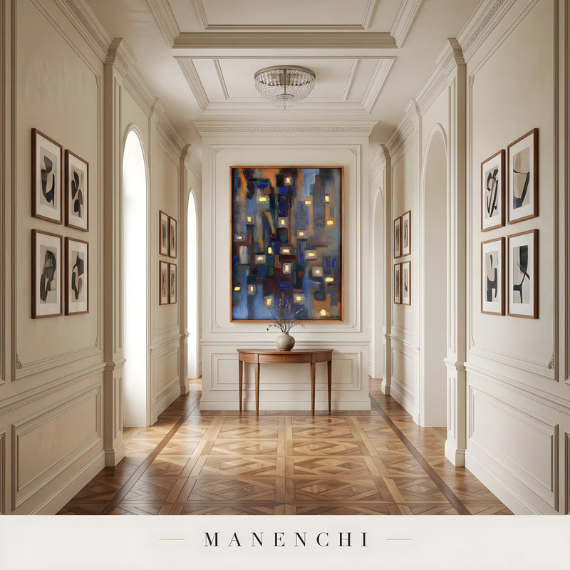 Midnight Urban Luminescence abstract painting displayed in elegant gallery hallway