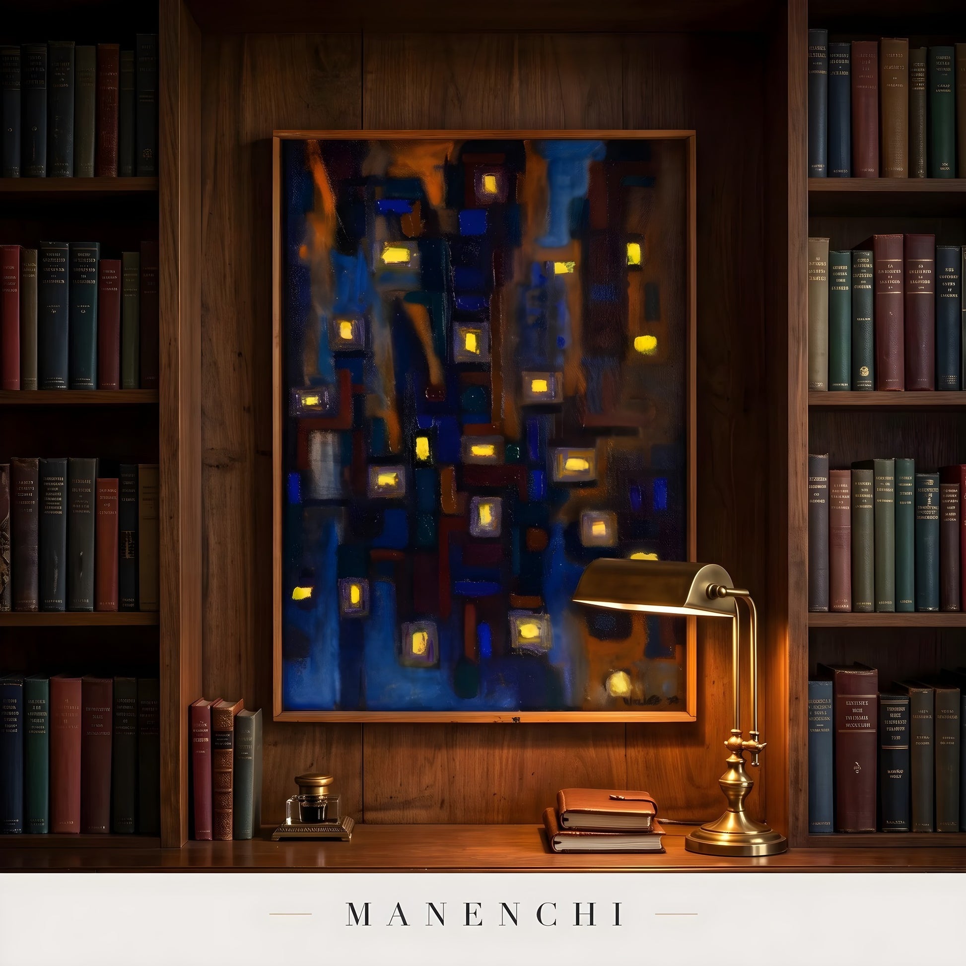 Midnight Urban Luminescence abstract painting displayed in home library study
