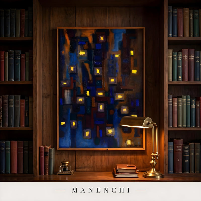 Midnight Urban Luminescence abstract painting displayed in home library study