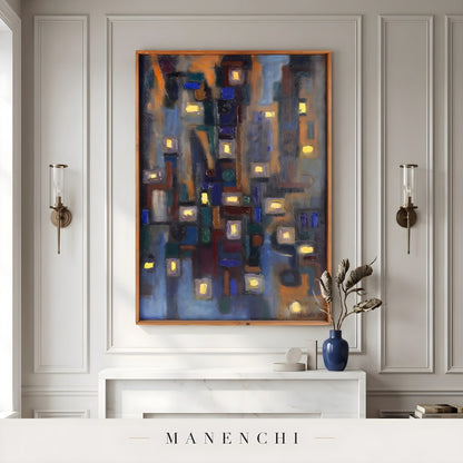 Midnight Urban Luminescence abstract painting displayed in living room mantelpiece