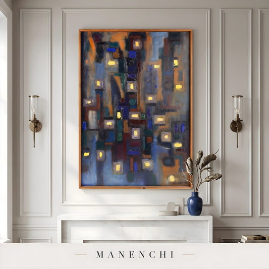 Midnight Urban Luminescence abstract painting displayed in living room mantelpiece