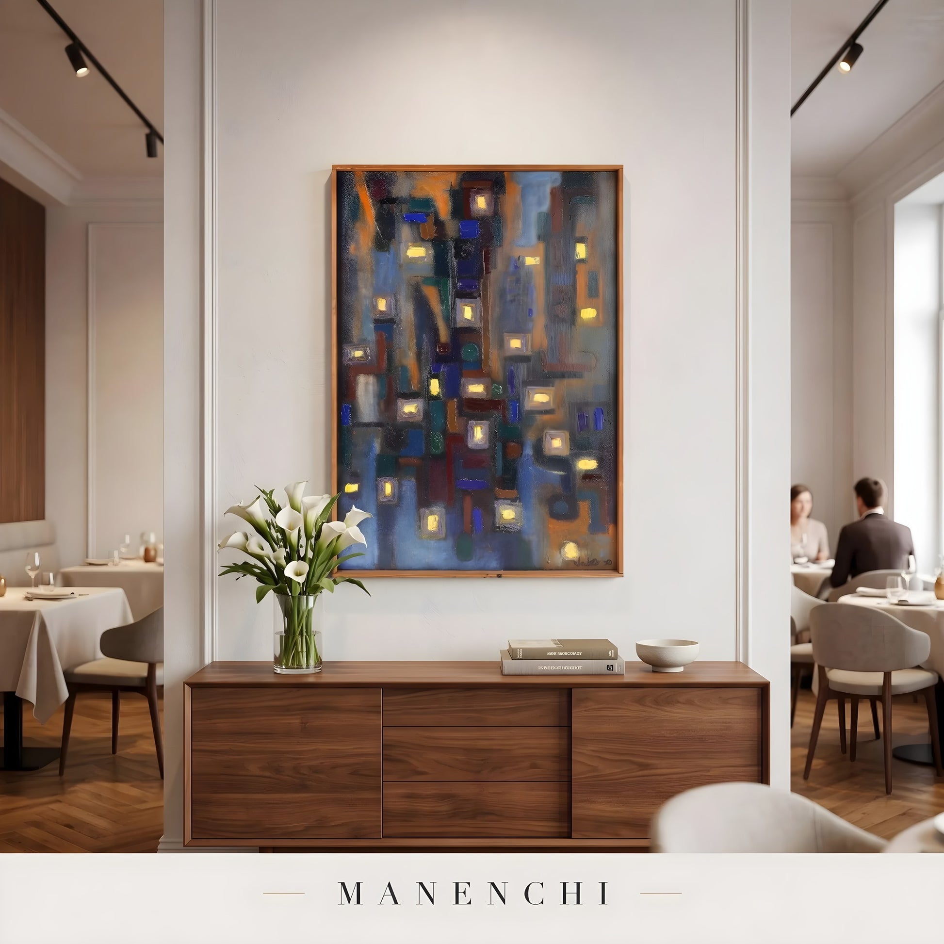Midnight Urban Luminescence abstract painting displayed in modern dining room