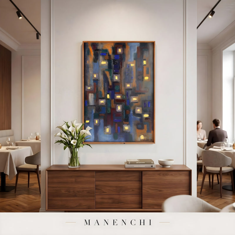 Midnight Urban Luminescence abstract painting displayed in modern dining room