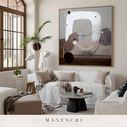 Minimalist Arc Equilibrium abstract painting displayed in cozy living room interior