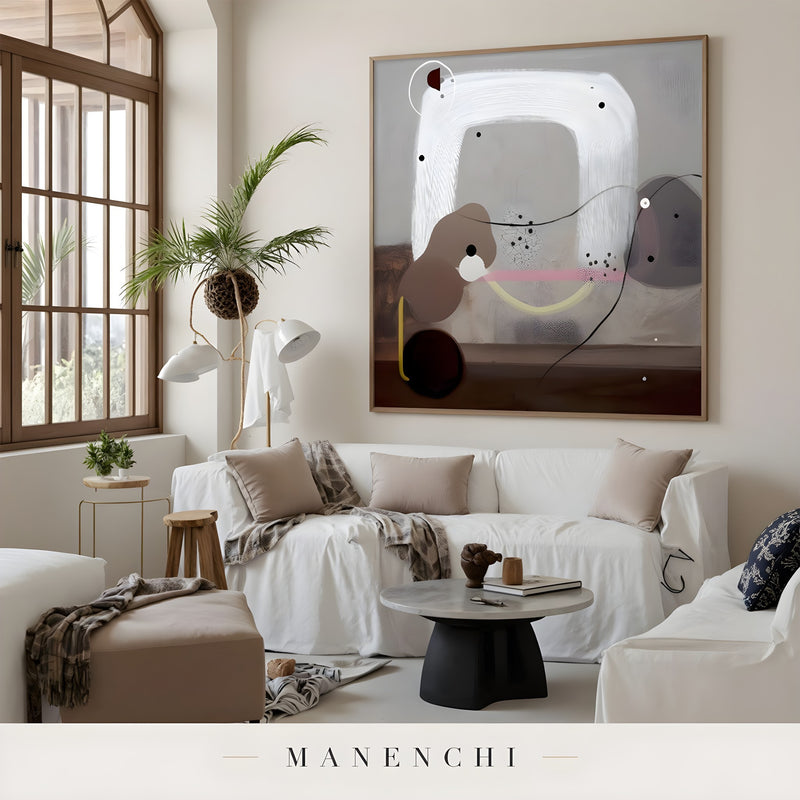 Minimalist Arc Equilibrium abstract painting displayed in cozy living room interior