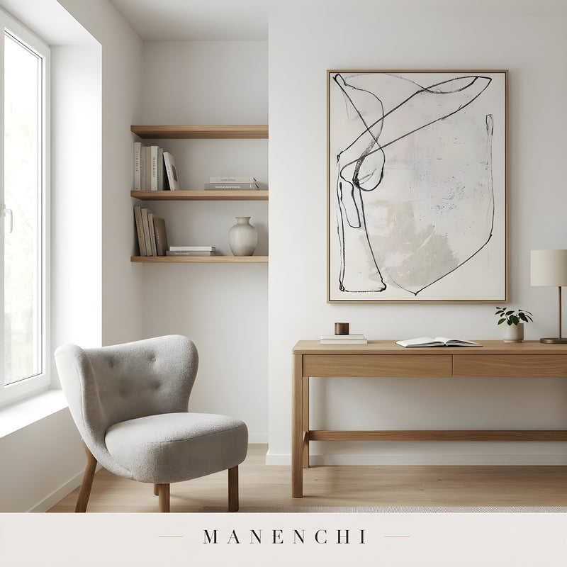Minimalist Ink Gestures abstract painting displayed in home office desk