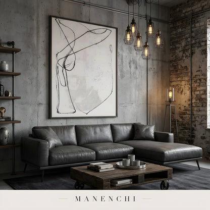 Minimalist Ink Gestures abstract painting displayed in industrial living room