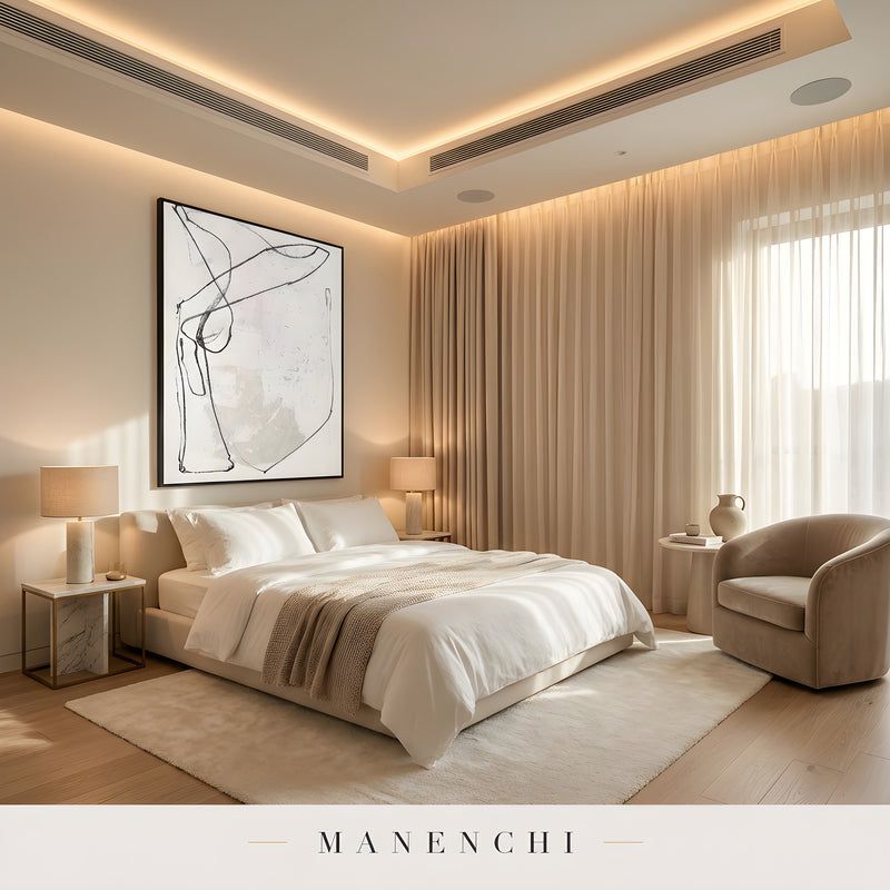 Minimalist Ink Gestures abstract painting displayed in minimalist bedroom