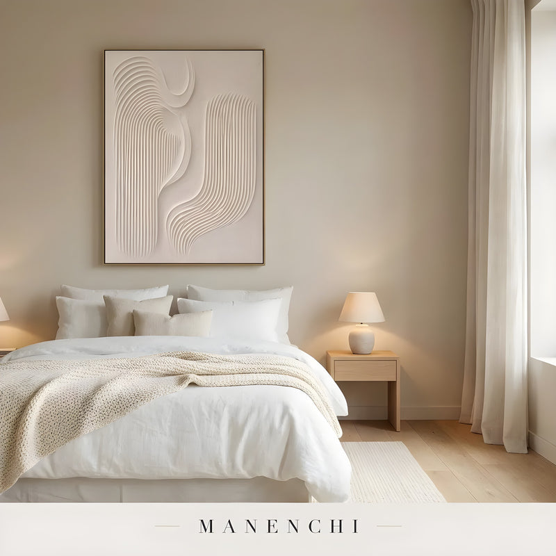 Minimalist Sculptural Flow abstract painting displayed in bedroom minimalist interior decor