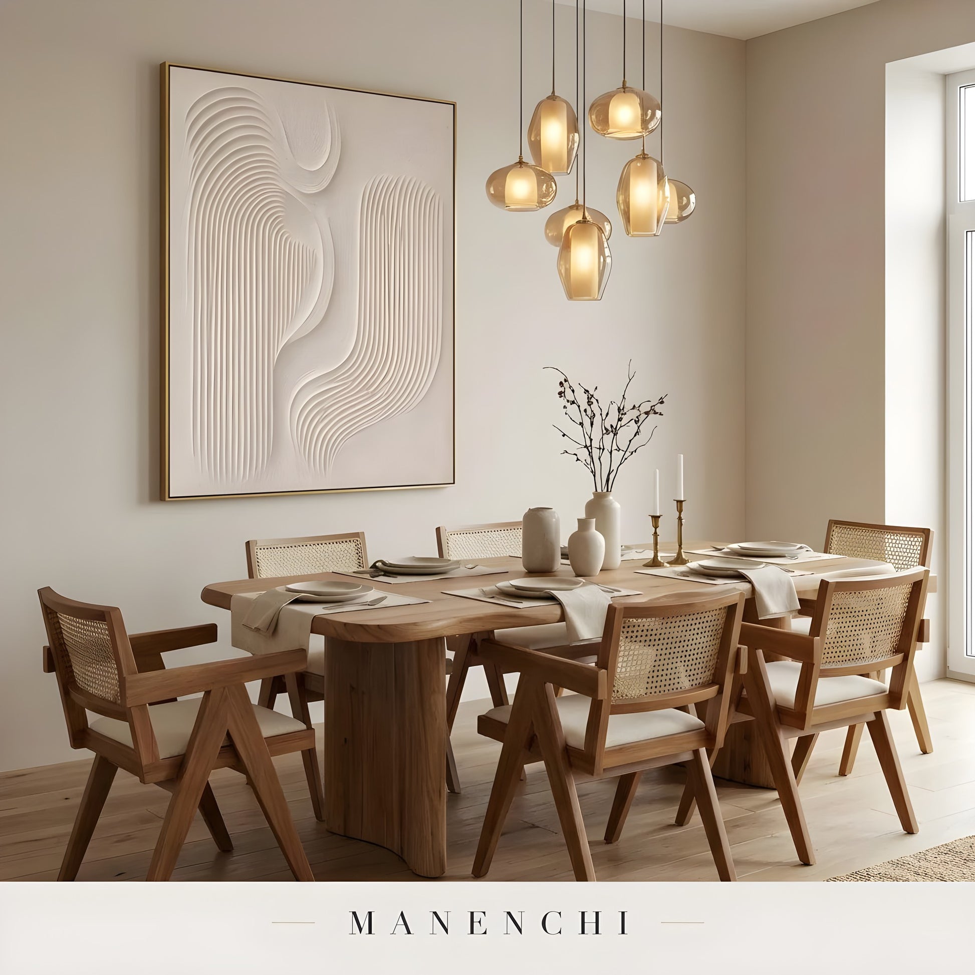 Minimalist Sculptural Flow abstract painting displayed in dining room table setting
