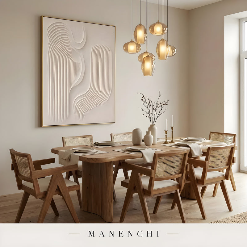 Minimalist Sculptural Flow abstract painting displayed in dining room table setting