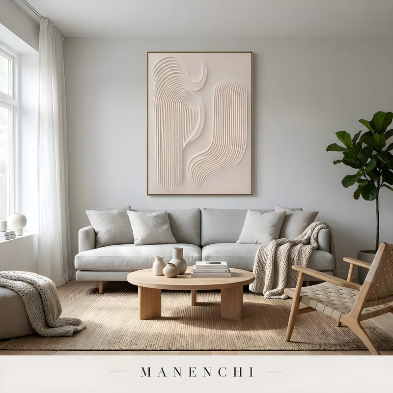 Minimalist Sculptural Flow abstract painting displayed in living room sofa styling