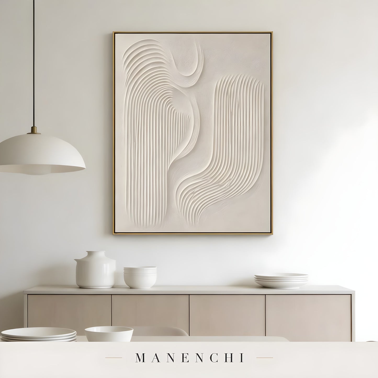 Minimalist Sculptural Flow abstract painting displayed in sideboard and pendant light