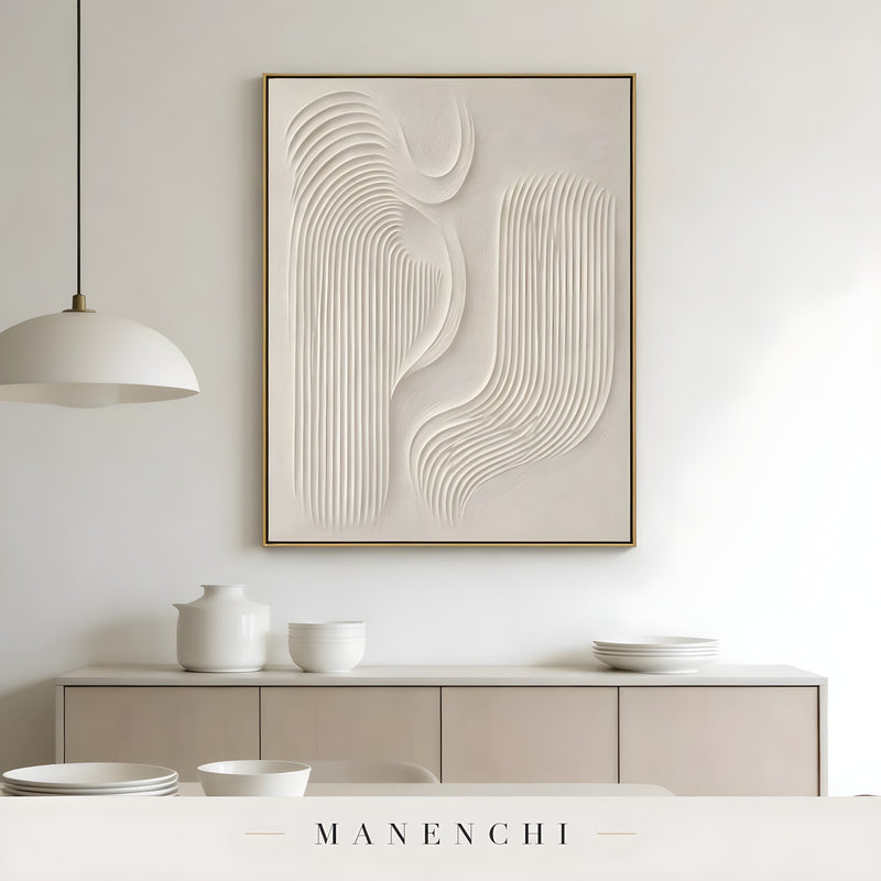 Minimalist Sculptural Flow abstract painting displayed in sideboard and pendant light