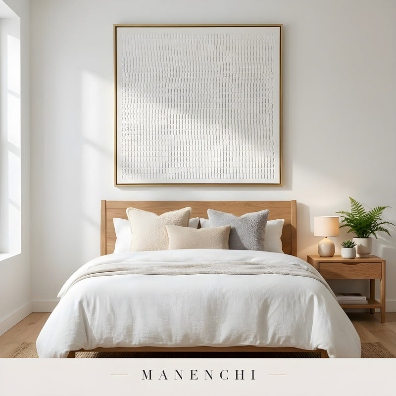 Minimalist Sculptural Monochrome abstract painting displayed in bedroom wall decor