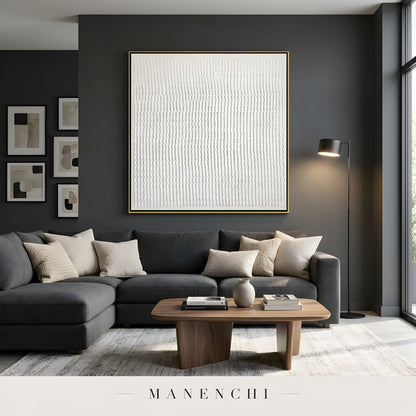 Minimalist Sculptural Monochrome abstract painting displayed in living room sofa