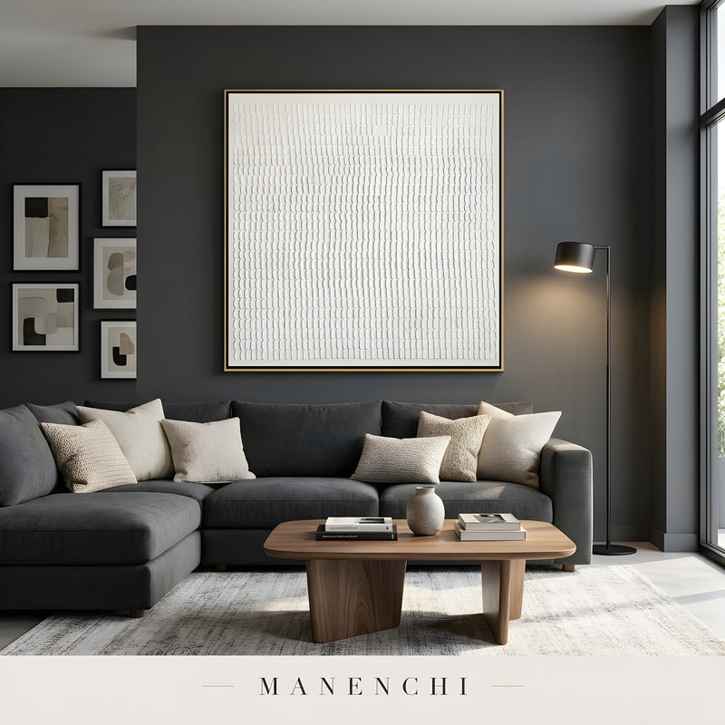Minimalist Sculptural Monochrome abstract painting displayed in living room sofa