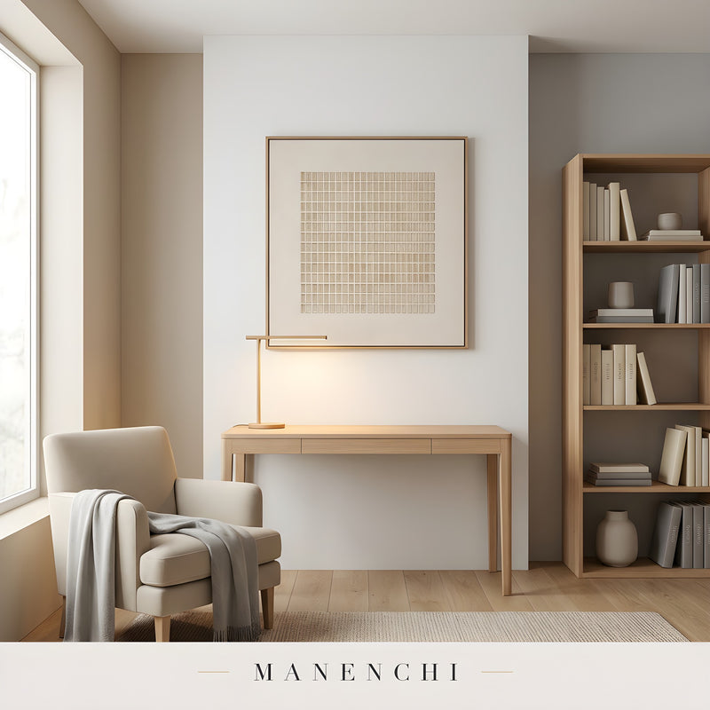 Minimalist Tonal Grid abstract painting displayed in cozy home office