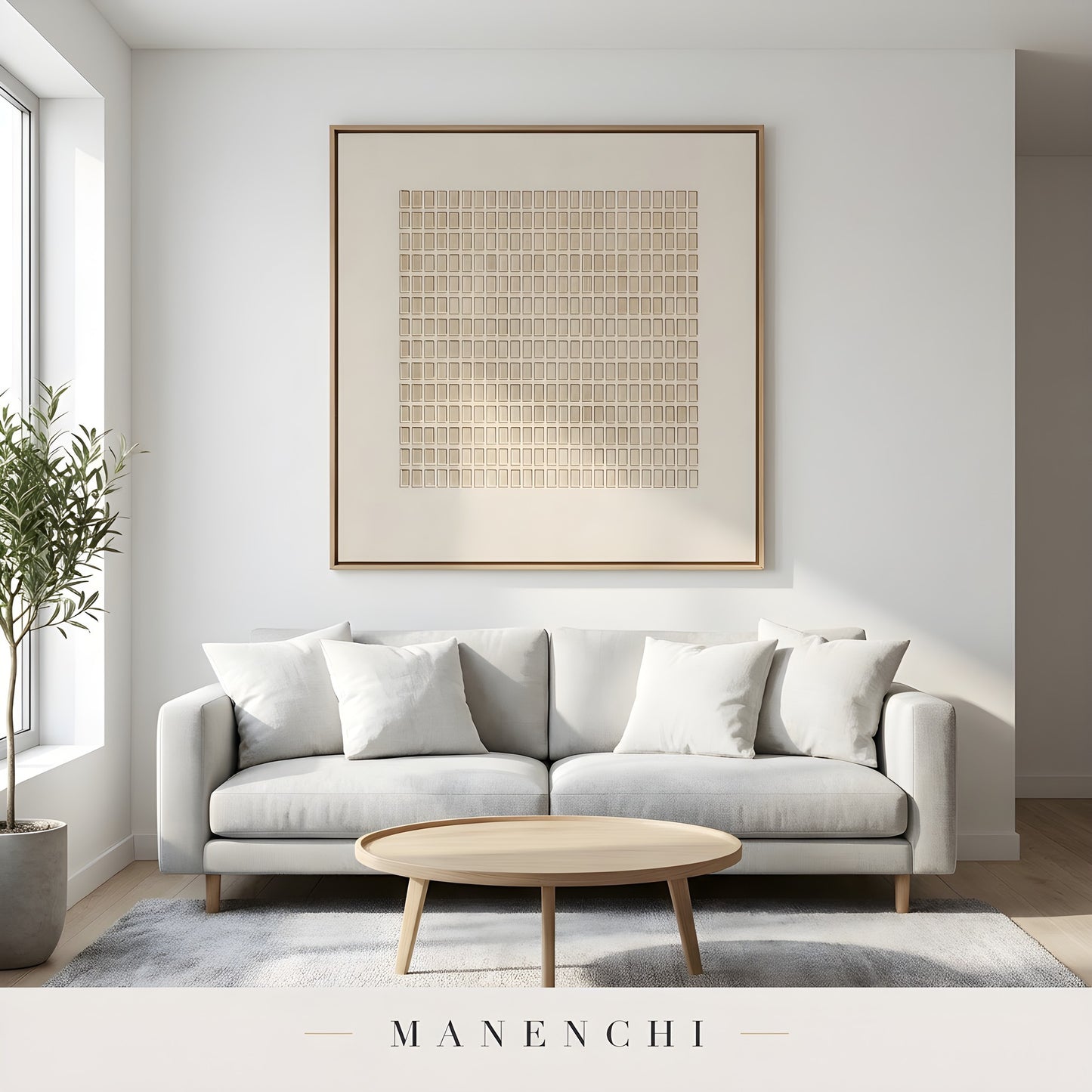 Minimalist Tonal Grid abstract painting displayed in minimalist living room