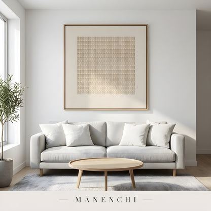 Minimalist Tonal Grid abstract painting displayed in minimalist living room