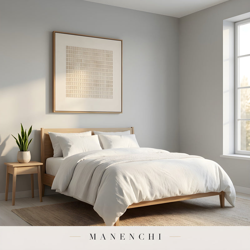 Minimalist Tonal Grid abstract painting displayed in modern bedroom interior