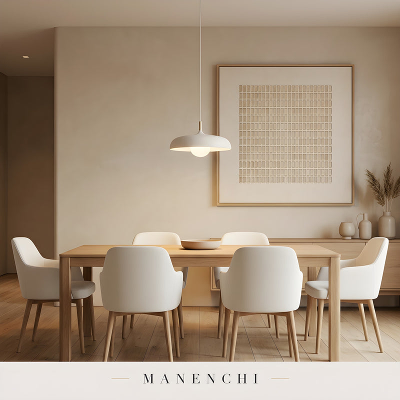 Minimalist Tonal Grid abstract painting displayed in wooden dining room