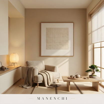 Minimalist Tonal Grid abstract painting displayed in zen style lounge