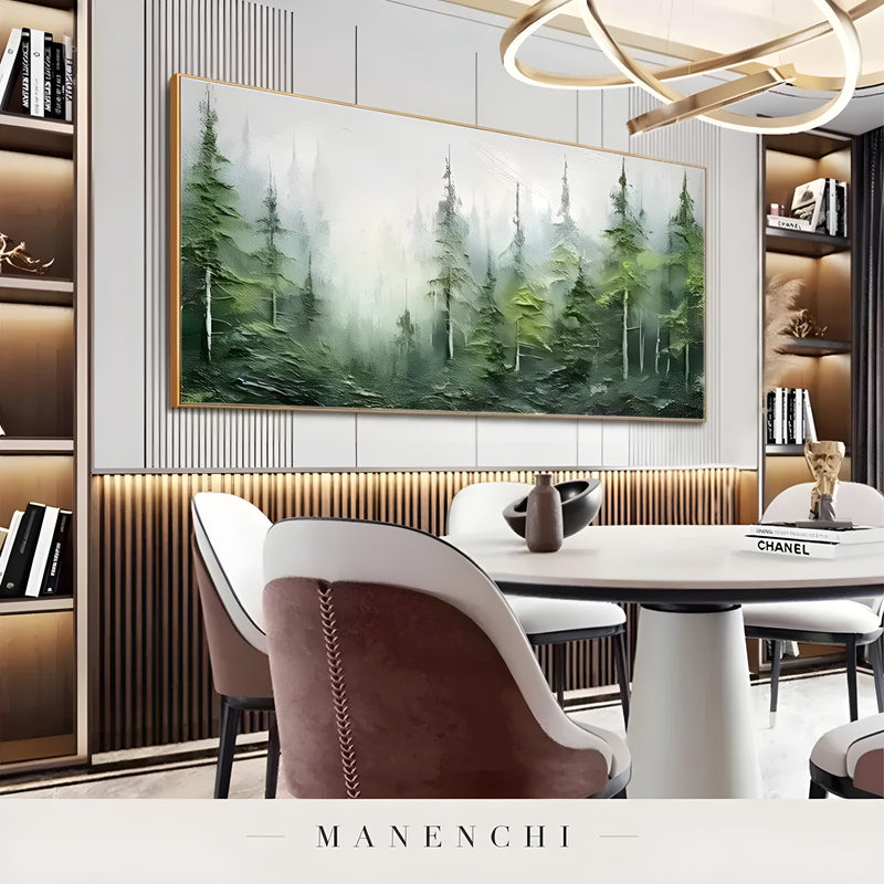 Mist Forest Reverie abstract painting displayed in dining room interior