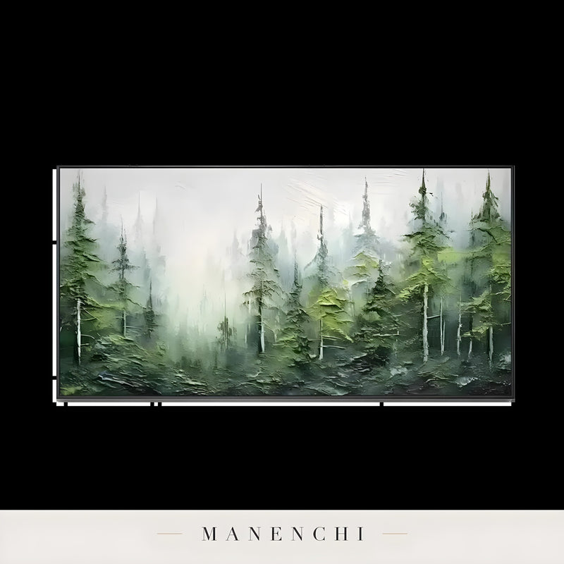 Mist Forest Reverie abstract painting displayed in framed canvas isolated