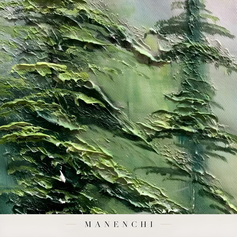 Close-up detail of the textured brushwork in Mist Forest Reverie