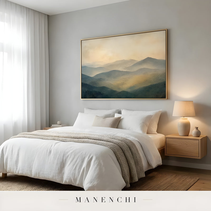 Mist-Veiled Ridges abstract painting displayed in bedroom interior