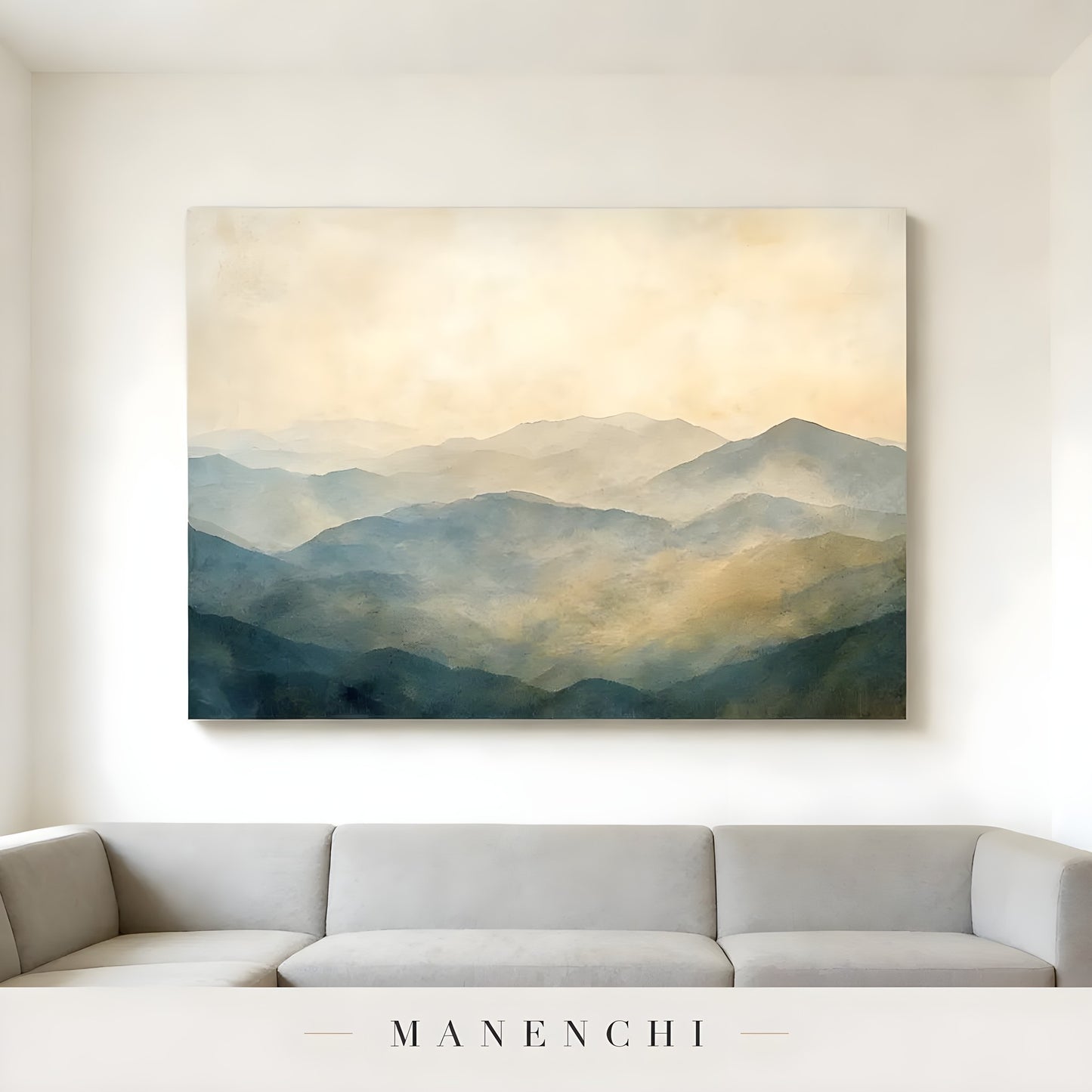 Mist-Veiled Ridges abstract painting displayed in couch above painting